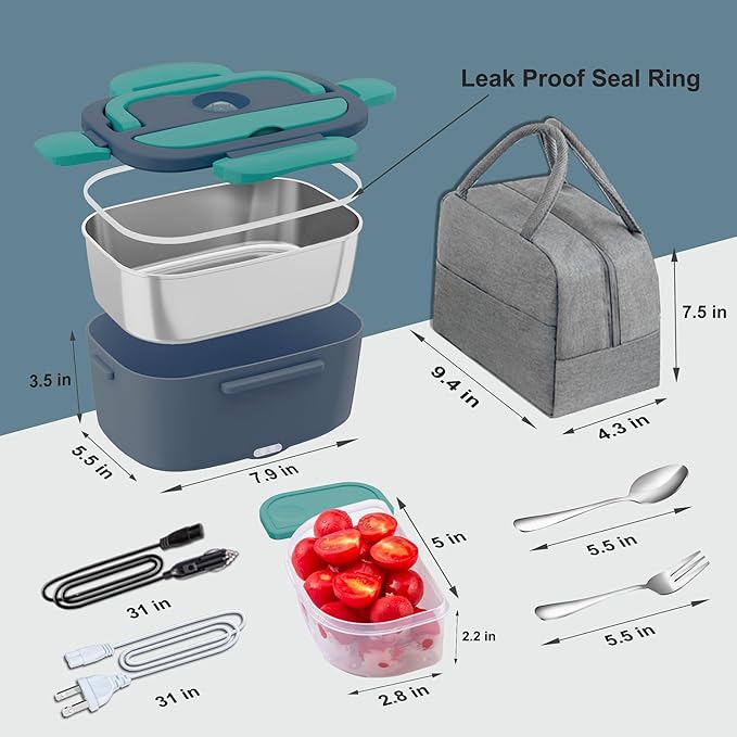 Nifogo Electric Lunch Box Food Heater 80W Heated Lunch Boxes for Men 1.5l Electric Lunch Box for Adults Portable 12/24/110V Heating Lunchbox for Work/Car/Truck with Insulated Bag(1.5L-Blue)