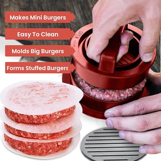 Hamburger Press Patty Maker Freezer Containers - 100 Patty Papers All In One Convenient Package, 10 Piece Set Hamburger Patty Mold, Essential Tool to Make Stuffed Burger Patty Maker, Great BBQ Gift