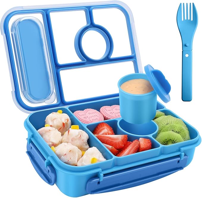 Bento Box Adult Lunch Box Kids,Lunch Containers for Adults/Kids/Toddler,5 Compartments Bento Lunch Box with Sauce Vontainers,Microwave & Dishwasher & Freezer Safe,BPA-Free(Blue)