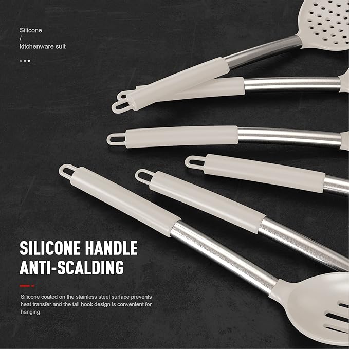 Large Silicone Cooking Utensils Set - Heat Resistant Kitchen Utensils,Turner Tongs,Spatula,Spoon,Brush,Whisk,Stainless Steel Silicone Cooking Tool for Nonstick Cookware,Dishwasher Safe (Khaki)