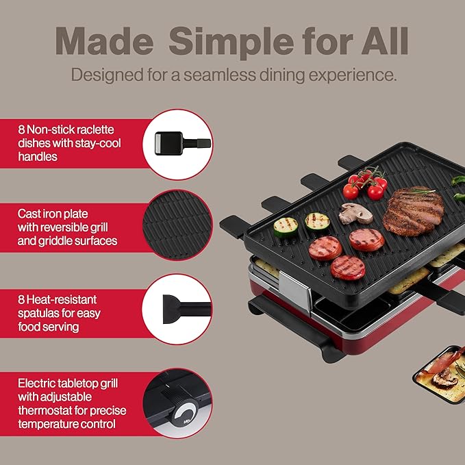 Swissmar Classic 8-Person Raclette Party Grill with Reversible Cast Iron Grill Plate/Crepe Top, Indoor Electric Raclette Grill & Griller - Red