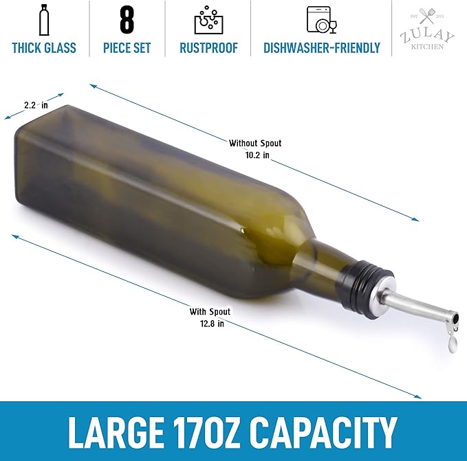 Zulay Kitchen (2 pack 17oz Olive Oil Dispenser Bottle For Kitchen - With 2 Spouts, 2 Removable Corks, 2 Caps, & 1 Funnel - Oil Bottle For Kitchen & Storing Liquids