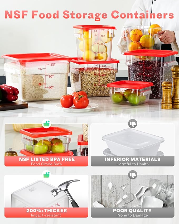2QT4QT NSF Food Storage Containers: 6PCS [Food Grade][Hot&Cold Resistant] Commercial Clear Food Storage Containers with Lids for Restaurant Kitchen Proof Dough, Measuring Spoons Included(Red)