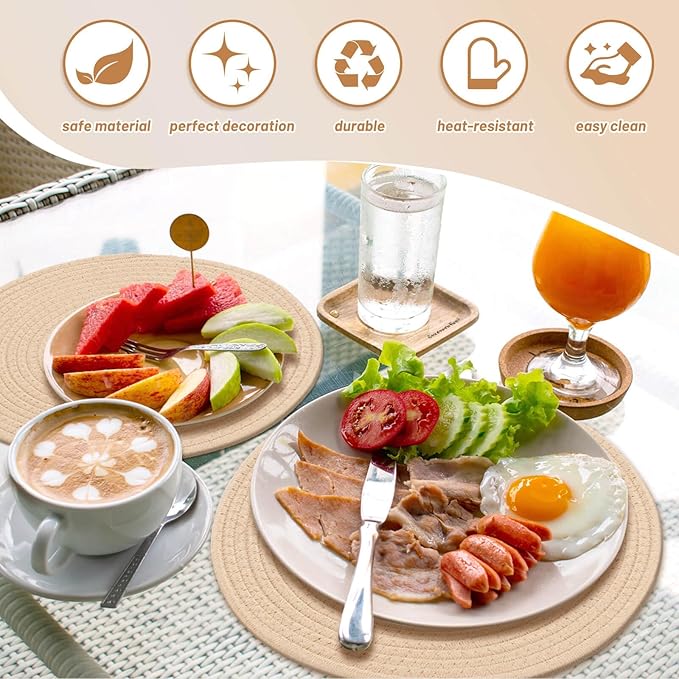 Billbotk Round Woven Placemats Set of 4, 13 Inches Table Place Mats for Dining Table, Hot Pads for Kitchen, Trivets for Hot Dishes, Pots and Pans,Tabletop Accessories(Beige)