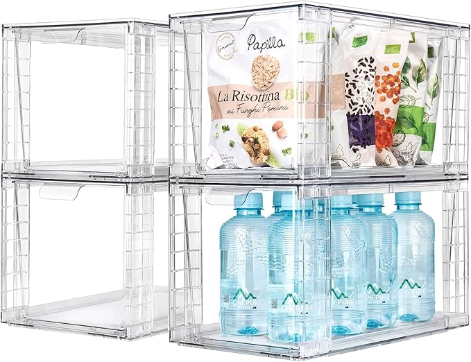 2Pack Large Stackable Kitchen Storage Drawers, Clear Foods Organizer Bins with Handles, Easily Assemble for Bathroom, Kitchen, Pantry, Cabinet, Closet(XL-UP Handle)