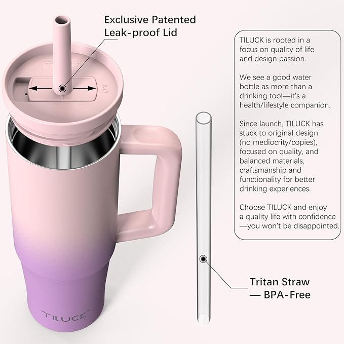 TILUCK 30 oz Tumbler with Handle, Vacuum Insulated Stainless Steel Travel Mug with 100% Leak-Proof Silicone Straw Lid, Cupholder Friendly Water Bottle(PinkPurpleGradient, 30oz)