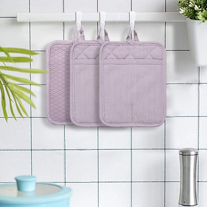 Pot Holders Yarn-Dyed Set of 3 Non Slip Silicone Kitchen Lines Heat Resistant 500℉ Kitchen Gloves BBQ Cooking Baking Cooking Barbecue Microwave Machine Washable (Purple Pot Holders)