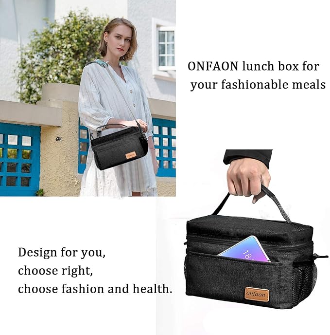 ONFAON Lunch Bag for Men/Women, Insulated Reusable Lunch Box Leakproof Cooler Tote Bag Freezable with Adjustable Shoulder Strap for Office Work Picnic Beach(Black)