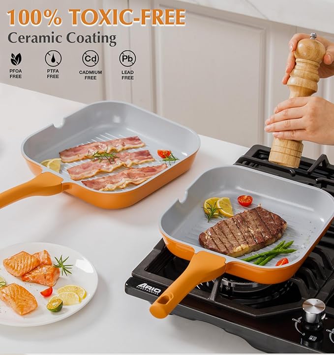 KOCH SYSTEME CS 9.5 Inch Nonstick Grill Pan for Stove Tops, Square Griddle Pan with Pour Spouts, Grill Pan for Indoor Cooking, Grill Skillet with Bakelite Handle, PTFE & PFOA Free, Orange