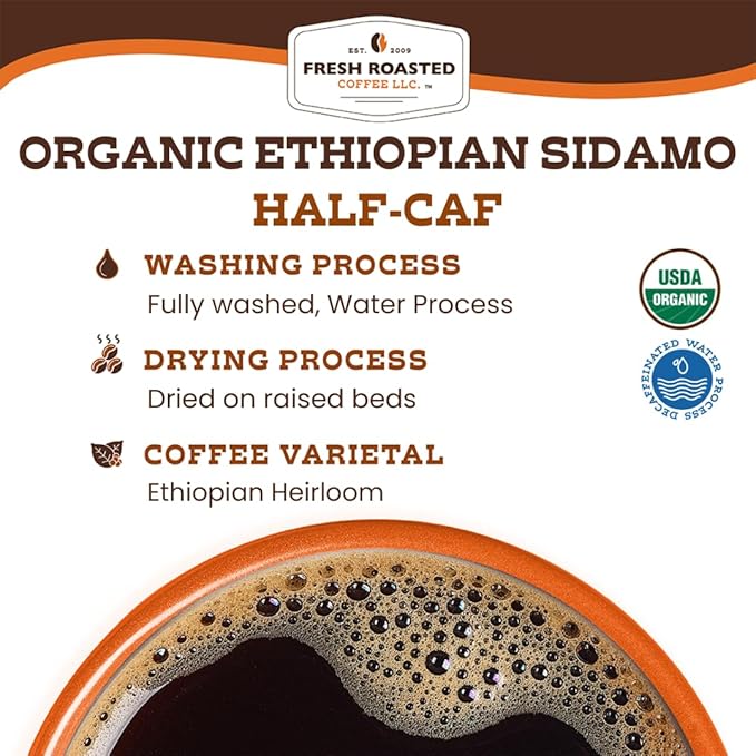 Fresh Roasted Coffee, Organic Ethiopian Sidamo Water-Processed Half-Caf | USDA Organic, 100% Single Origin, Kosher | Medium Roast 72 Pods for K Cup Brewers
