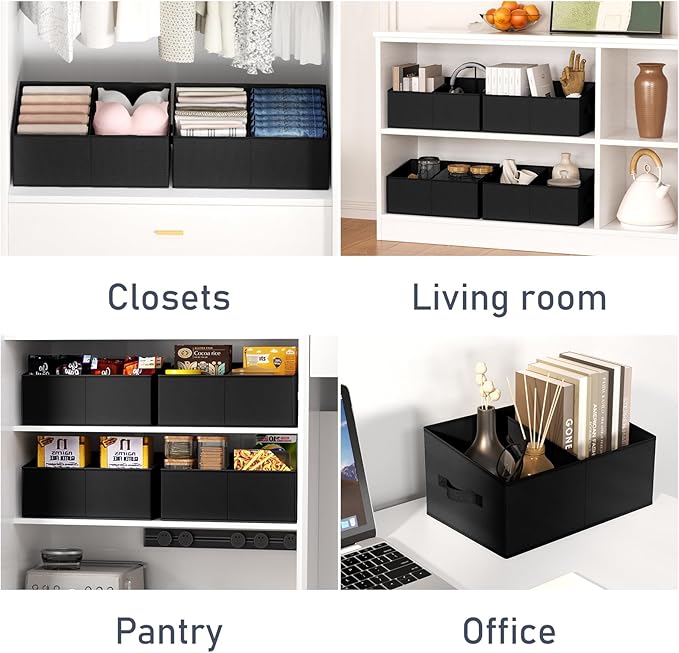 DIMJ Large Closet Shelf Organizer Bins 8 Packs with Handles and Divider, Fabric Trapezoid Storage Baskets, Foldable Clothes Containers Box for Shelf, Towel, Book, Toy, Purse, Hats, Black