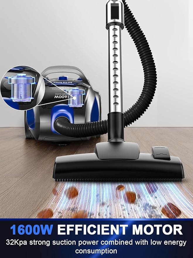Canister Vacuum Cleaner, 32Kpa 1600W Bagless Vacuum Cleaner, Dust Full Indicator, H13 HEPA Filter, 3.7Qt Large Capacity, Lightweight Vac for Hard Floors, Carpet, Pet, Upholstery, Blue