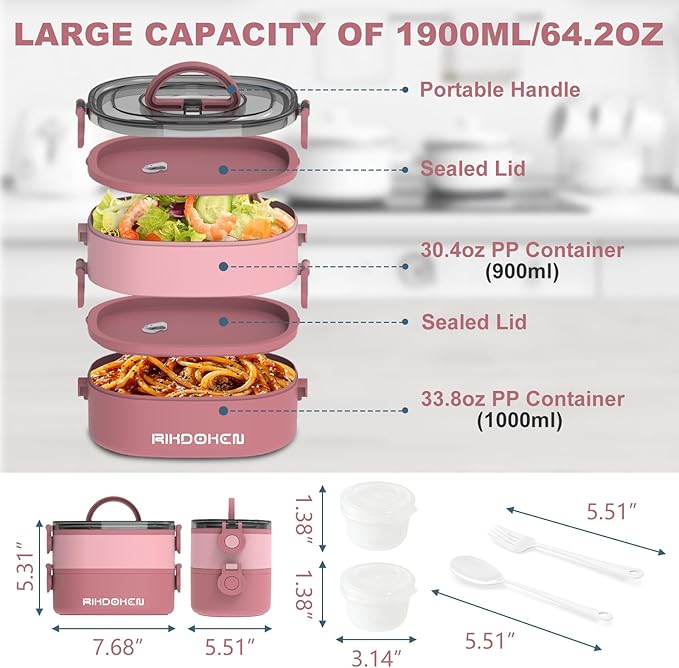 Lunch Box, Stackable 2 Layers Containers, Portable 64OZ Large Capacity Leakproof Bento Box with Spoon & Fork & Sauce Boxes, Microwave Safe Lunch Box for Kids and Adults