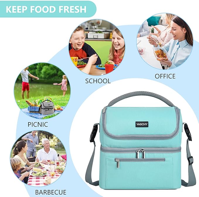 VASCHY Lunch Bag for Women, Insulated Lunch Box Leak-proof Cooler Bag in Dual Compartment Lunch Tote for Men, Women, 14 Cans (Turquoise)