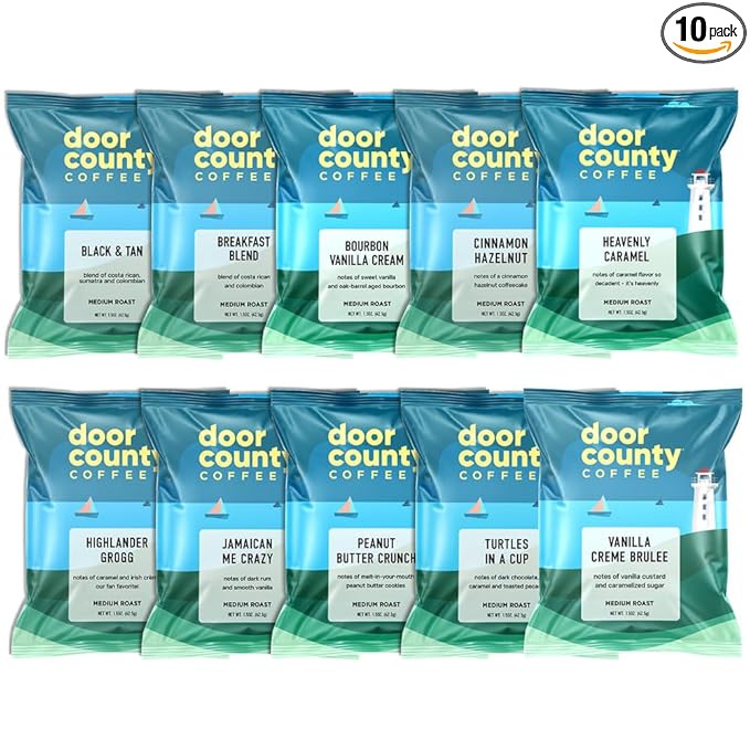 Gourmet Flavored Coffee Sampler Pack - 10 Bags of Unique Flavored Coffees – 100% Specialty Grade 1 Arabica -1.5 oz Full-Pot Bags - Roasted by Door County Coffee