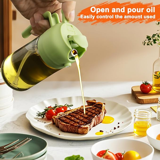 2 in 1 Glass Oil Sprayer & Dispenser,16oz/470ml Olive Cooking, Air Fryer, and Salad, for Kitchen Gadgets and Air Fryer Accessories, w/Stickers (Green)
