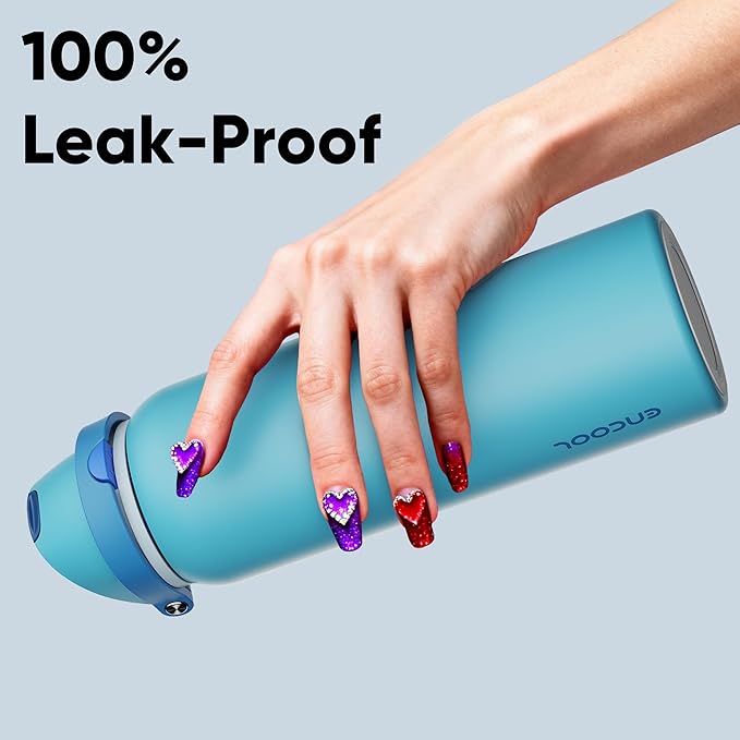 Insulated Water Bottle with Straw - Encool Stainless Steel Water Bottle with Push Button Lid, Leak-Proof & BPA-Free, Keeps Cold for 24 Hours for Sports, Travel, Gym (40 oz, Silk Blue)