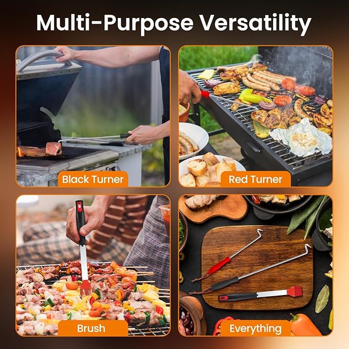 Stainless Steel Food Flipper Set - 16.9" & 11.4" Turners with Silicone Basting Brush for Cooking & Grilling - 3 Piece Kitchen Tools - Ideal for Basting Brush Cooking, BBQ Sauce, Marinades