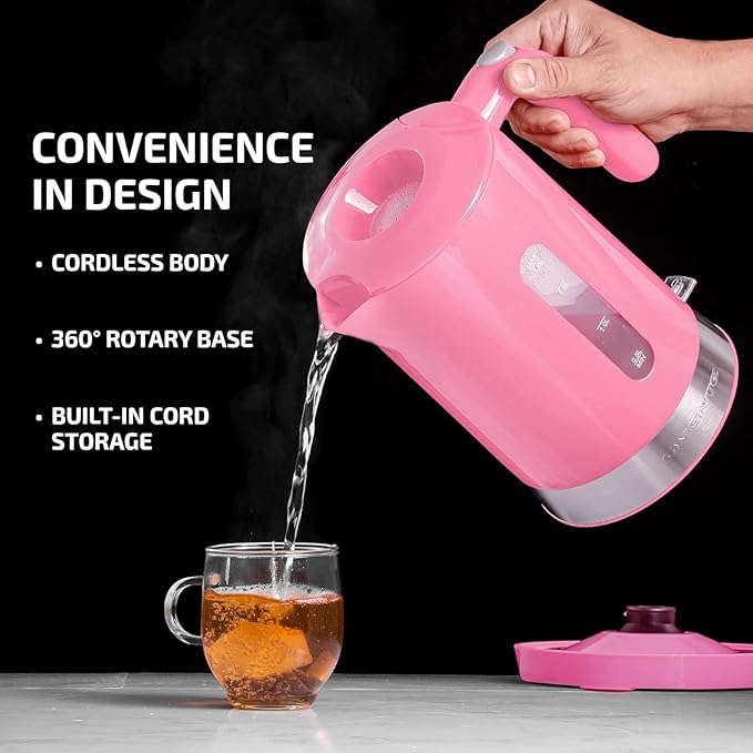 OVENTE 1.8L Electric Kettle, 1500W Fast Boiling Heater for Coffee or Tea, BPA Free, Easy to Fill Lid, Water Level Window, Auto Shut-Off, Boil-Dry Protection and Removable Filter, Pink KP413P