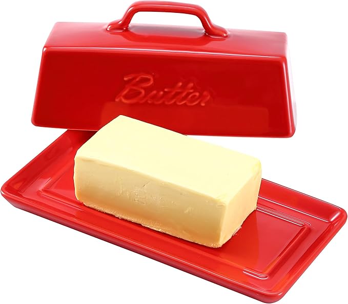 Bruntmor Ceramic Butter Dish With Lid. Butter Holder/ Tray/ Storage With Lid And Handle. Porcelain Butter Keeper For Countertop. Butter Dish With Cover in Red Color.