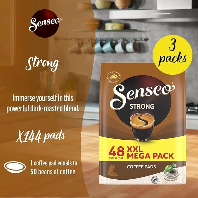 Senseo Strong Dark Roast Coffee Pods – 144 Count (3 Packs) – Bold & Intense Flavor with Rich Crema – Single-Serve Coffee Pads Compatible with Senseo & PeleCom Machines