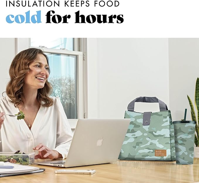 Fit & Fresh Lunch Bag For Women, Insulated Womens Lunch Bag For Work, Leakproof & Stain-Resistant Large Lunch Box For Women With Containers and Matching Tumbler, Snap Closure Westport Bag Sage Camo