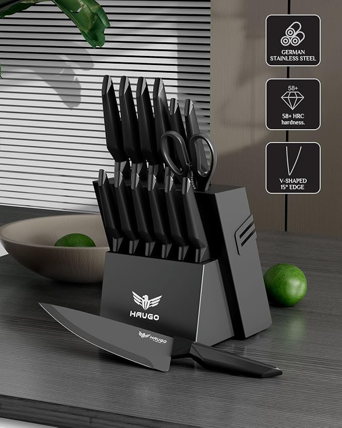Knife Set - Haugo 15 PCS Kitchen Knife Set with Built in Sharpener - Dishwasher Safe Kitchen Knives - High Carbon Stainless Steel Knife Block Set with Ergonomic Handles - Panther Series