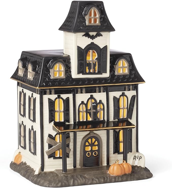 Lenox Vintage Halloween Light-Up House Figurine, 9.25-Inch, Porcelain Haunted House, Halloween Decor Indoor, Fall Decor, Spooky Indoor Decorations (1 Light-Up Figurine) 3 AAA Batteries Not Included