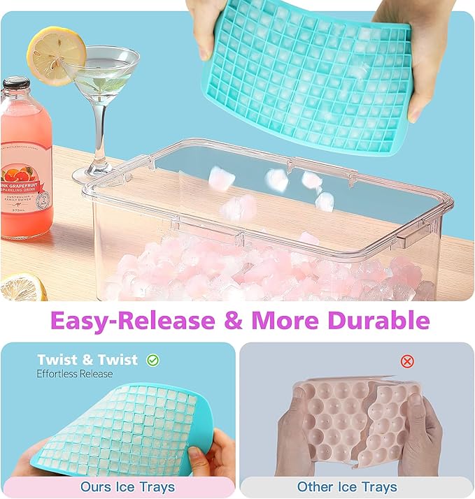 Mini Ice Cube Trays Set of 2-160 Small Ice Cubes Silicone Mold for Whiskey, Cocktails, Water Bottles - BPA Free Flexible & Stackable Ice Maker (Cyan&Purple)