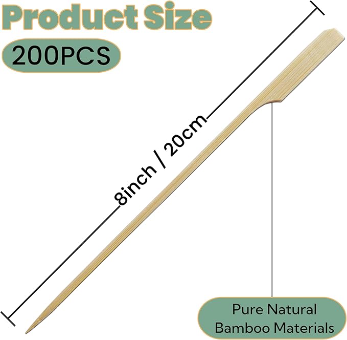 8 Inch Bamboo Skewers 200 PCS Kabob Skewers Grilling Bamboo Sticks for Fruit Kabobs Wooden Paddle for BBQ (8 Inch)