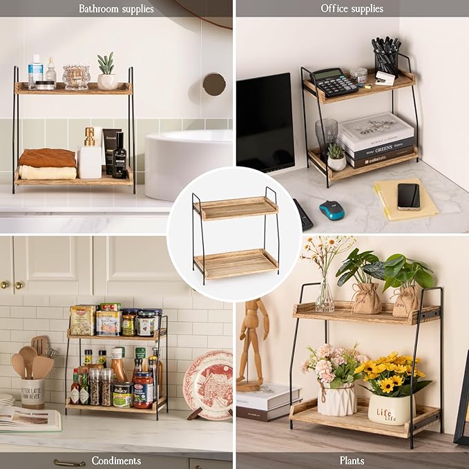 Countertop Coffee Station Organizer, 2 Tier Wooden Shelf for Coffee Bar Accessories, Condiment Storage Caddy for Kitchen, Home, Office - Brown