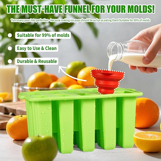 Popsicles Molds,10-Cav Silicone Popsicle Molds for Kid, BPA-Free Popsicle Mold, Ice Pop Mold Maker, Food Preparation Molds With 50 Bags, 50 Strips and Funnel (#Green)