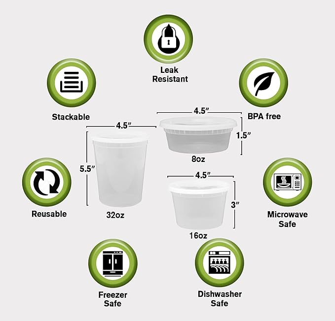 Leakproof Combo Pack Slime Small, Deli Plastic Food Containers with Lids [Reuseable, Kitchen Storage, Disposable, Lunch Meal Prep, Soup, Portion Control, Dishwasher, Microwaveable & Freezer Safe]