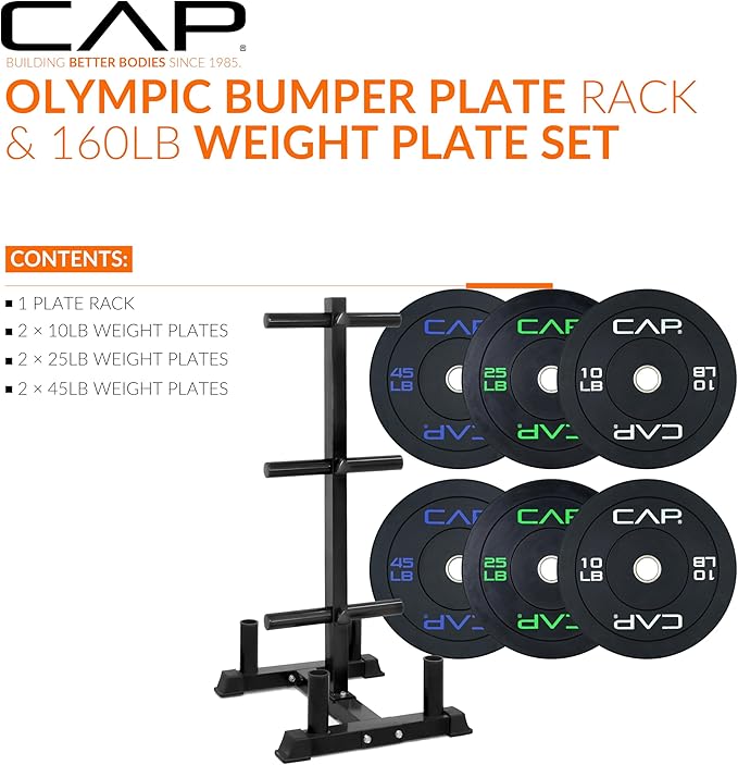 CAP Barbell 2-Inch Olympic Bumper Plate Weight Set with 6 Post Rack | 100-370 lbs | Multiple Options