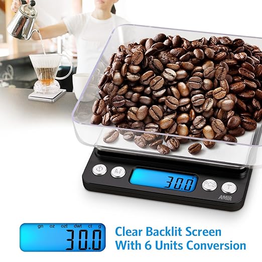 AMIR Digital Kitchen Scale, 3000g 0.01oz/0.1g Pocket Cooking Scale, Mini Food Scale, Pro Electronic Jewelry Scale with Back-Lit LCD Display, Tare & PCS Functions, Stainless Steel, Black