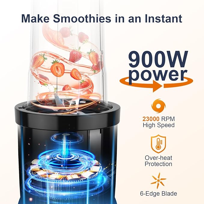 KOIOS Smoothie Blender, 900W Personal Blender for Shakes and Smoothies Kitchen with 2 No-BPA 22oz Portable Cups, Single Serve Smoothies Maker Mixer for Juices, Nutritious Recipe, Silver