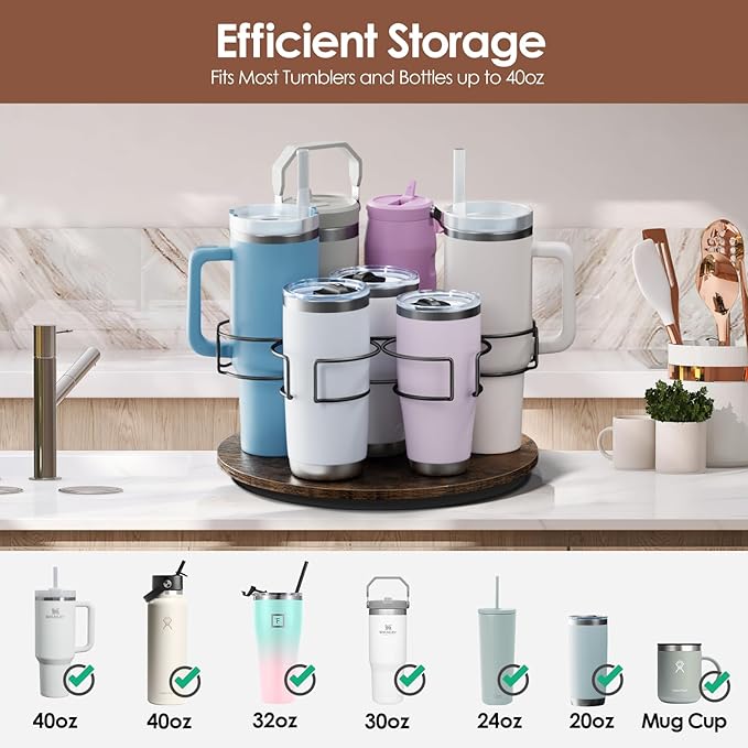Water Bottle Organizer for Stanley 20/30/40oz, Rotating Cup Holder, Bottle Organizer for Simple Modern Owala Yeti, Tumbler Lazy Susan, Vintage Brown