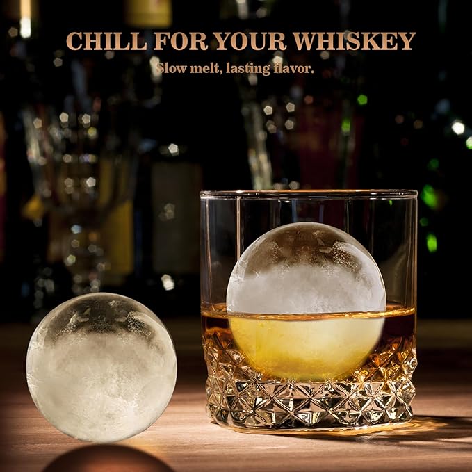 Whiskey Ice Ball Maker with Lid and Bin, 1.9" Round Ice Cube Trays for Freezer, Large Sphere Whisky Ices Cubes Tray Circle with Bucket&Tong, Cocktail Bourbon Brandy Scotch(Gray-6 Balls*2 Pack)