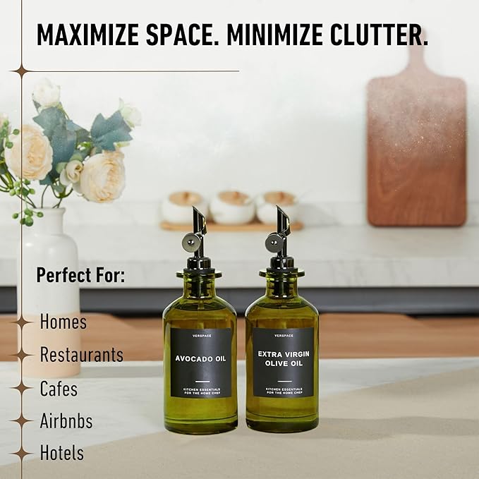 Green Glass Olive Oil Dispenser Bottles For Kitchen, Avocado Oil Dispenser Set, Modern Decor, Gold Kitchen Accessories for Home, Airbnb, Cafe (Black, Set of 2)