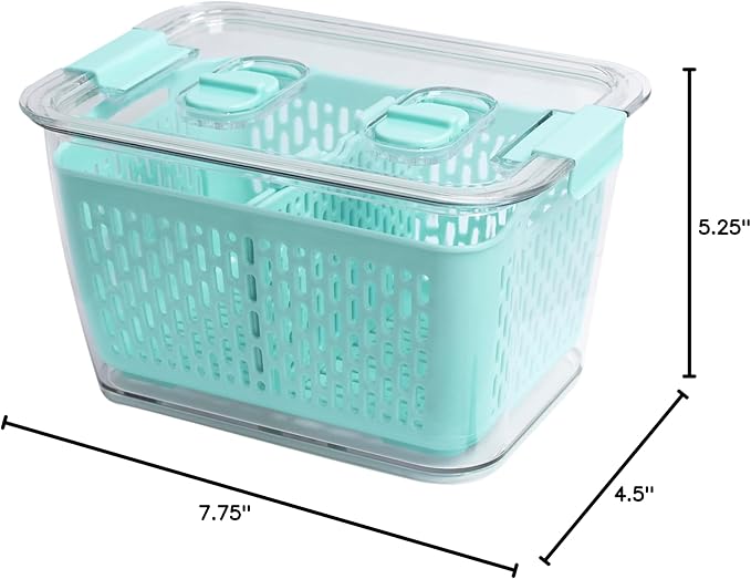 Kitchen Spaces Colander Bin, Produce Saver, Fridge Organizer With Lid, Wash, Strain and Store, Great for Refrigerator, Freezer and Pantry, Medium, Mint Green, Pack of 1