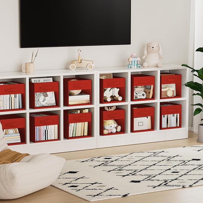 DIMJ Storage Cubes, Cube Storage Bin, 6 Pack Foldable Baskets with Window, Closet Storage Bins with Handle, 11x 11 inch Storage Cubes for Clothes, Toys, Books (Red)