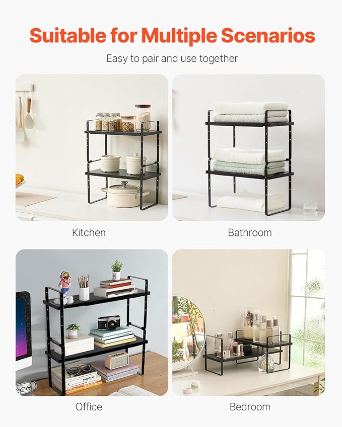 VEVOR Adjustable Kitchen Cabinet Shelf Organizer, Expandable 2 Tier Cabinet Shelf, Stackable Countertop Organizers and Storage Risers, Pantry for Kitchen Bathroom Office, Black