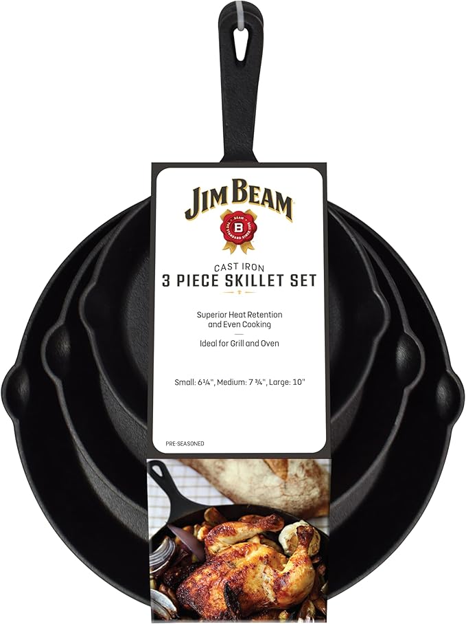 Jim Beam HEA Set of 3 Pre Seasoned Cast Iron Skillets with Even Distribution and Heat Retention-6" 8" 10", 10'', Black,JB0195