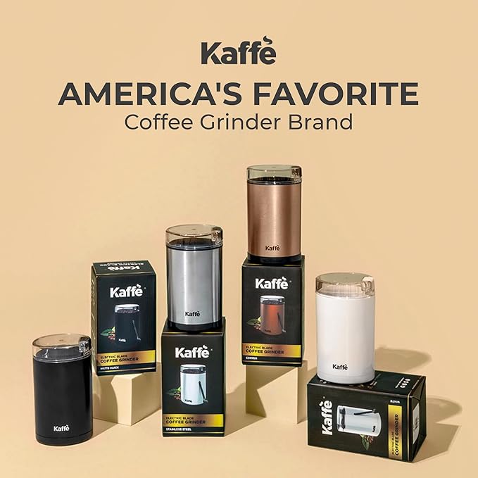 Kaffe One-Touch Coffee Grinder Electric w/Cleaning Brush (3 oz) - Stainless Steel - Coffee Grinders for Home Use - Up to 12 Cups of Coffee per Grind - Easy On/Off Coffee Bean Grinder - Copper