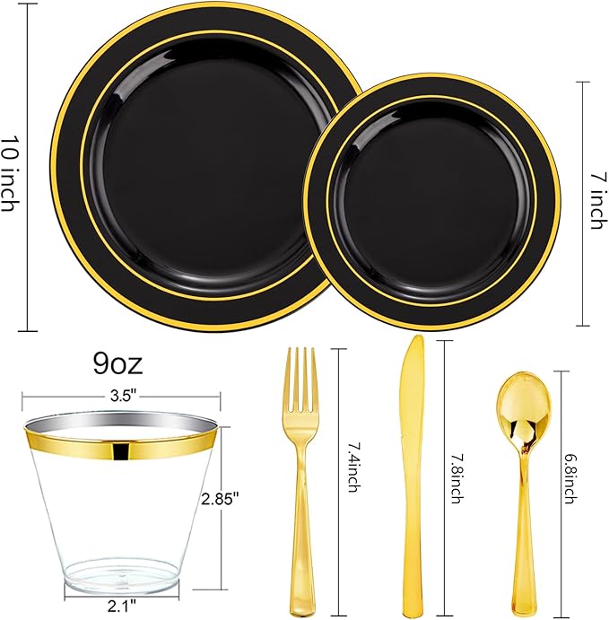 bUCLA 600PCS Black and Gold Disposable Dinnerware Set - Black Plastic Plates Disposable for Party Include 100 Dinner&100 Dessert Plates,100 Knives,100 Forks,100 Spoons,100 Cups for Party & New Year