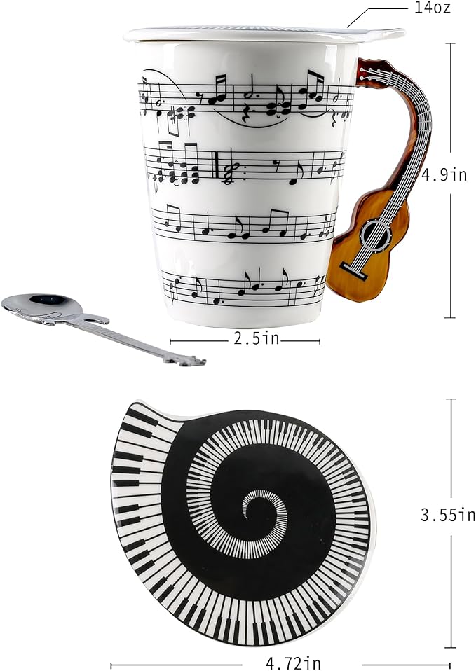 Guitar Novelty Mug Unique Musical Gift Coffee Cup with Cool Music Themed Lid & Guitar Handle Design & Guitar Spoon, Great Gifts for Music Teachers,&guitarLoversfor Holidays,Fathers Day,Men,Woman