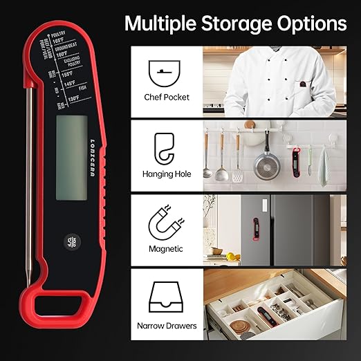 Lonicera Digital Meat Thermometer for Food Cooking. Instant Read Within 1 Sec and ±0.9℉Accuracy with Thermocouple Sensor. IP67 Waterproof, Auto-Rotating Display, Auto Wake up (Red)
