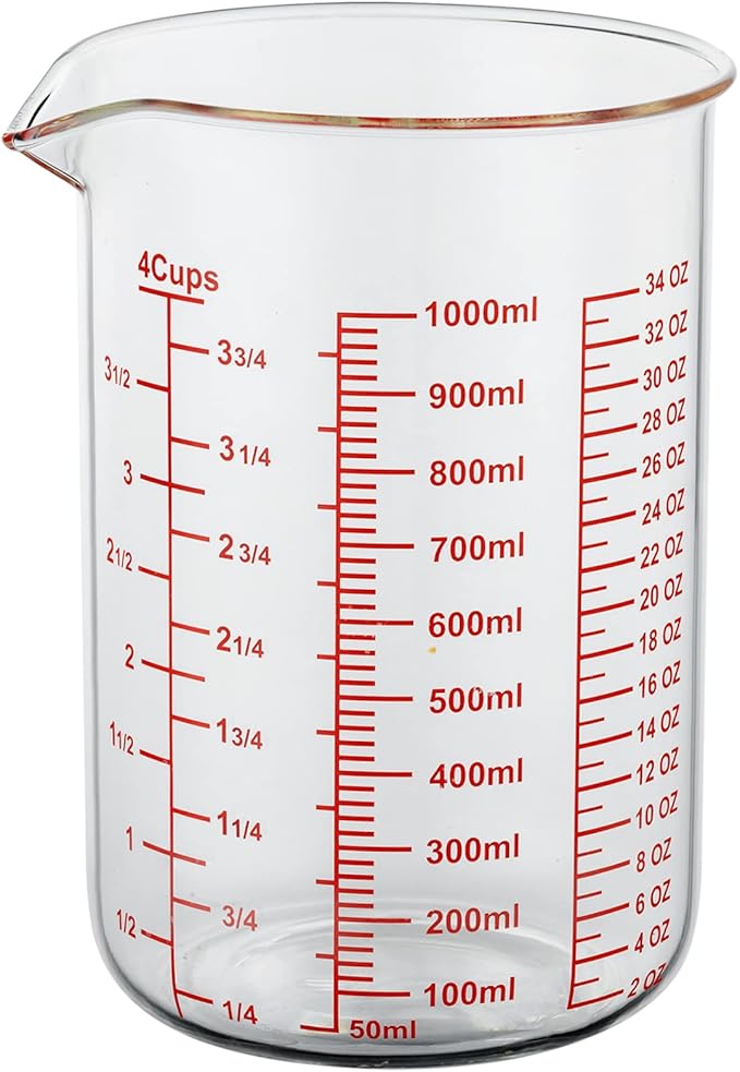 High Borosilicate Glass Measuring Cup-V-Shaped Spout，Glass Measuring Beaker for Kitchen or Restaurant, Easy to Read, 1000 ML (32 Oz, 4Cup)