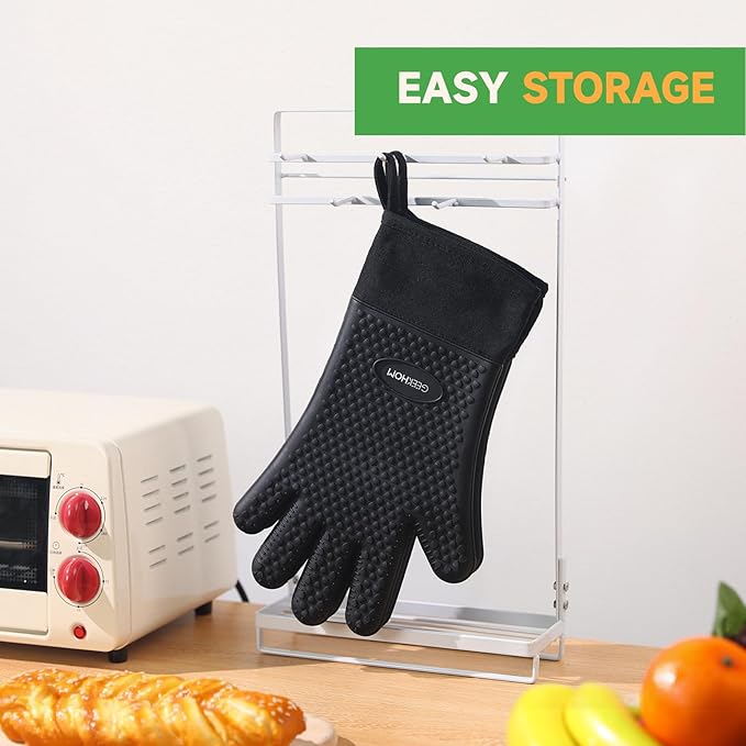 GEEKHOM Silicone Oven Gloves Heat Resistant BBQ Gloves with Cotton Lining for Kitchen Cooking, Baking & Grill Accessories, Waterproof Non-Slip Grill Mitts for Men Women, Dishwasher Safe