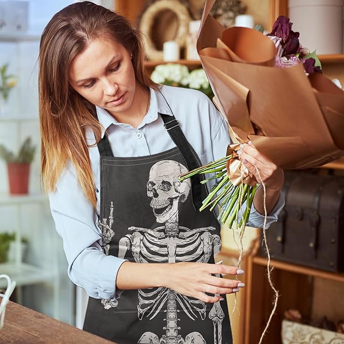 Britimes Skeleton Rock Skull Halloween Apron Home Kitchen Cooking Baking Gardening for Women Men with Pockets 32x28 inch